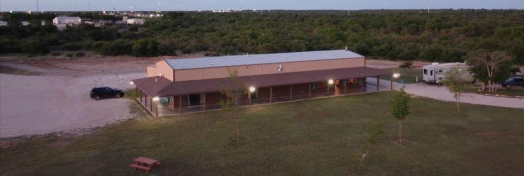 Aerial view — Eastland barndominium rental by river