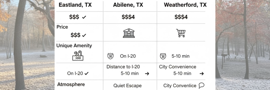 Comparison chart of Eastland TX vs Abilene and Weatherford RV parks showing pricing and amenities