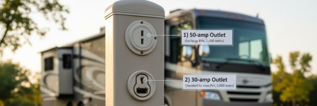 Diagram of RV utility pedestal showing 50-amp and 30-amp electrical outlets, fresh water connection, and sewer hookup for full-service sites.