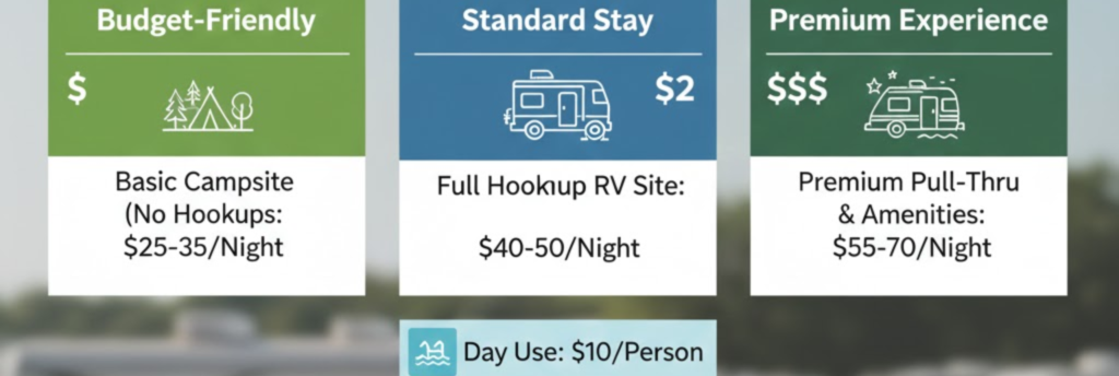 RV camping cost spectrum in Eastland Texas from $31 tent sites to $451 luxury barndominium showing all accommodation price points.
