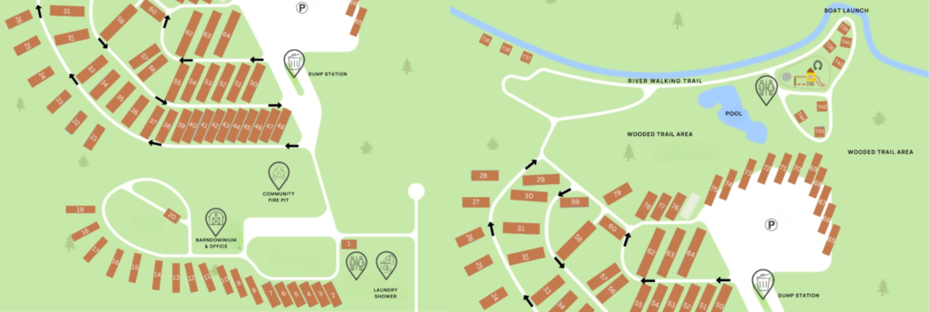 Aerial view of Inez Spring RV Park in Eastland Texas showing RV sites, pool, and Leon River