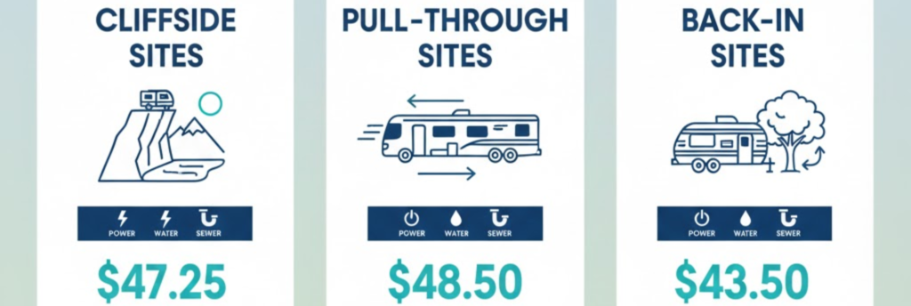 RV site comparison table showing cliffside, pull-through, and back-in sites at Inez Spring RV Park