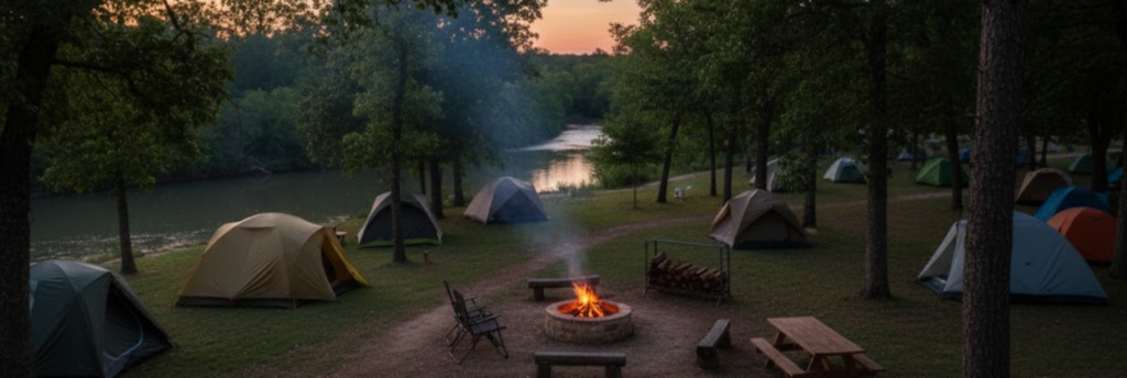 Rustic tent camping site near the Leon River at Inez Spring RV Park in Eastland TX