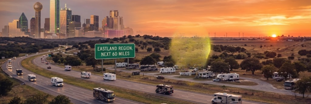 "RV parks between Dallas and Abilene on I-20 Texas showing 180-mile corridor with Eastland as natural midpoint"