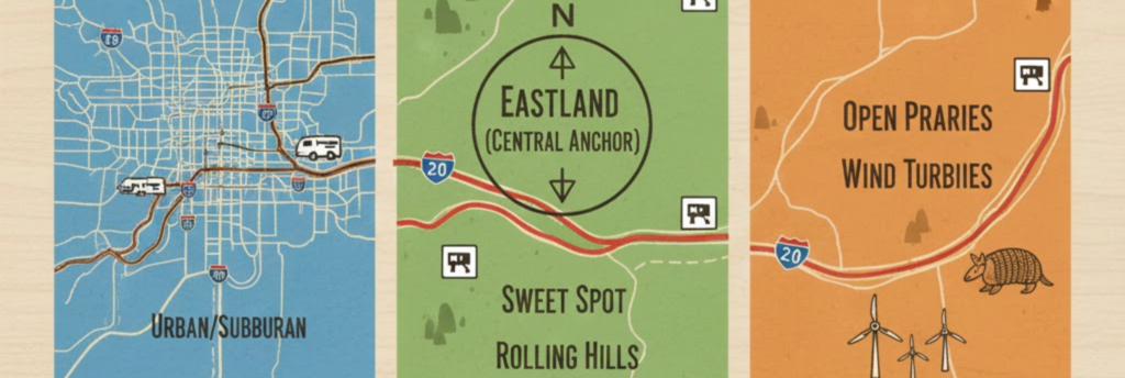 "Three segments of I-20 RV parks between Dallas and Abilene: DFW-Weatherford, Weatherford-Eastland, Eastland-Abilene"