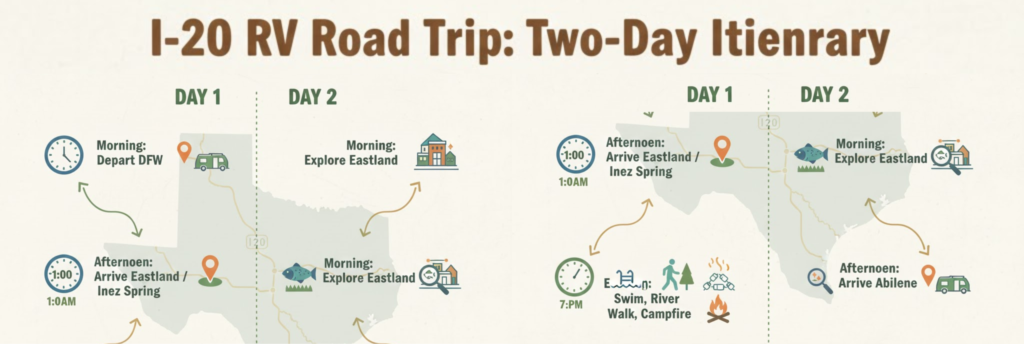 "Sample RV itinerary Dallas to Abilene with overnight at Inez Spring Eastland Texas two-day relaxed route"