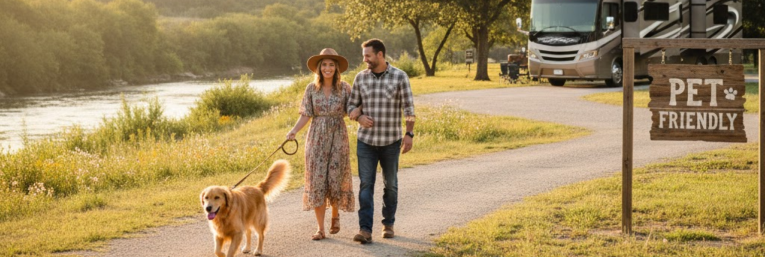 "Pet friendly RV parks I-20 Texas guide showing happy dog walking at riverside campground along Interstate 20 corridor"