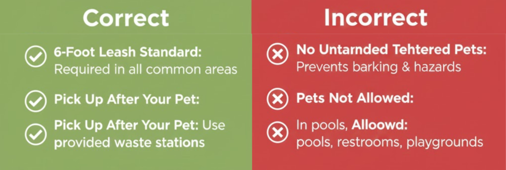 "Texas RV park pet rules: leash requirements, vaccination proof, and swim area restrictions for I-20 travelers"