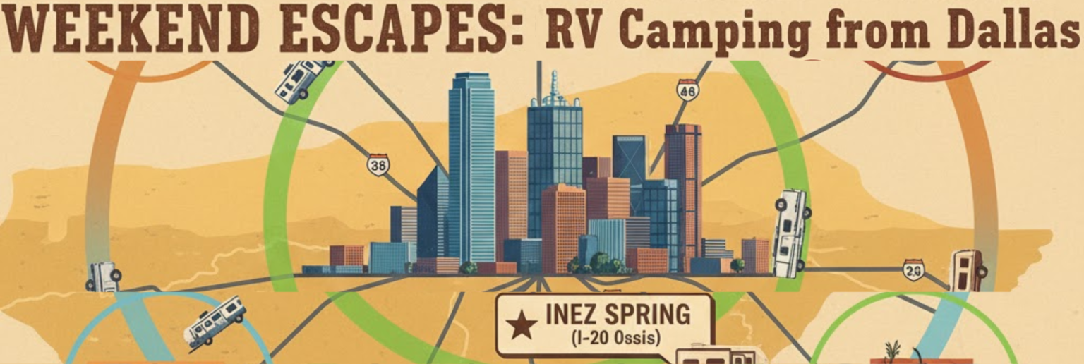 "Weekend RV camping near Dallas map showing best escapes 1-3 hours away including Inez Spring on I-20 West"