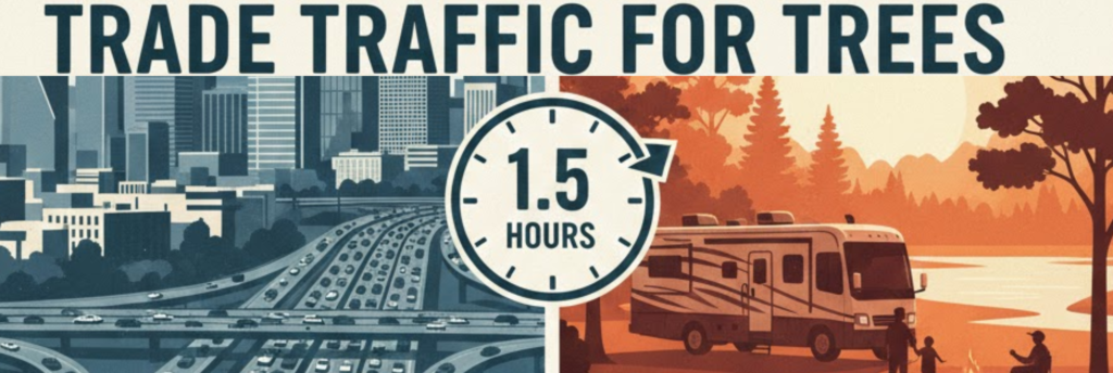 "Weekend RV camping near Dallas contrast: city traffic to peaceful nature escape in 1.5 hours"