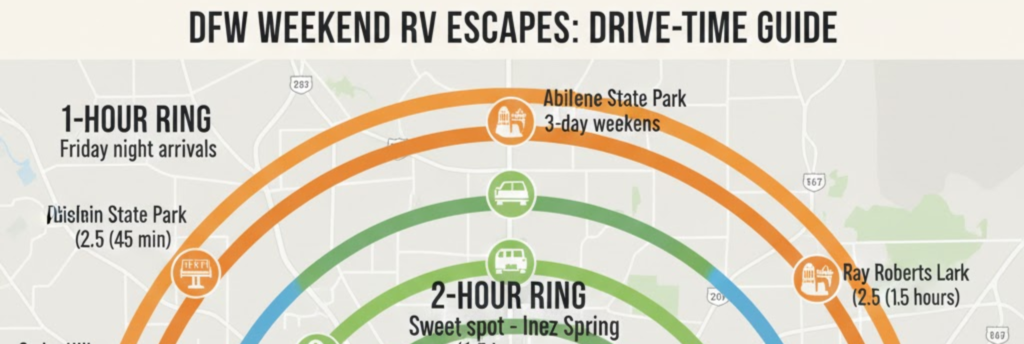 "Drive time guide for weekend RV camping near Dallas: 1-hour, 2-hour, and 3-hour getaway zones"