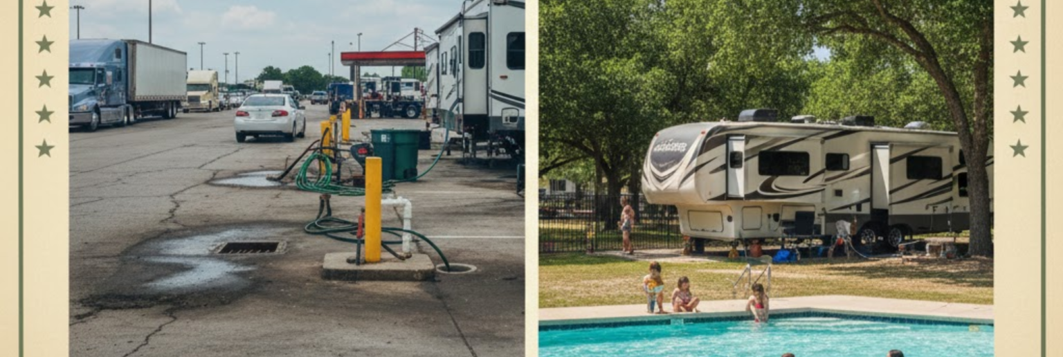 "RV dump station I-20 Texas: stressful truck stop vs relaxing overnight at Inez Spring Riverfront RV Park in Eastland"
