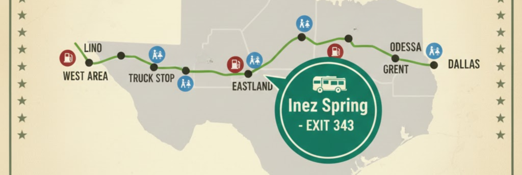 "Map of RV dump stations on I-20 Texas: rest areas, truck stops, and RV parks from Dallas to Odessa"