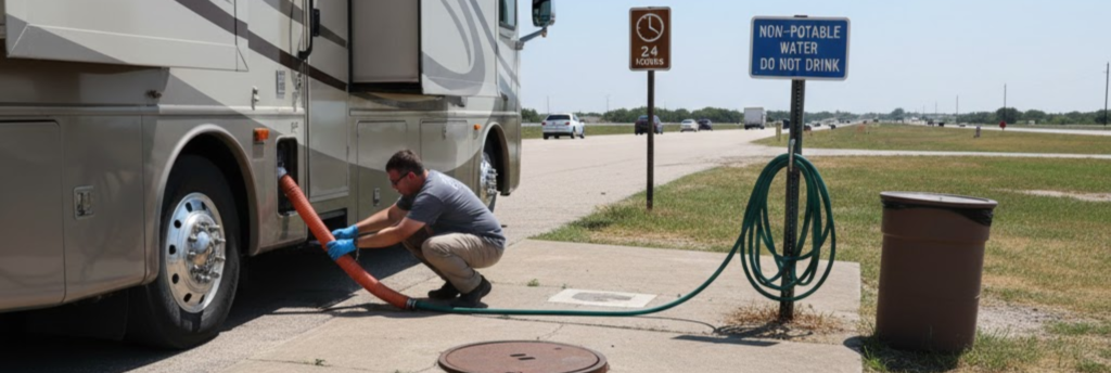 "Using a Texas I-20 rest area as an RV dump station: concrete pad, covered inlet, non-potable water"