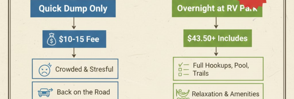 "Why choose an RV park over a quick dump on I-20 Texas: better value with full hookups and amenities"