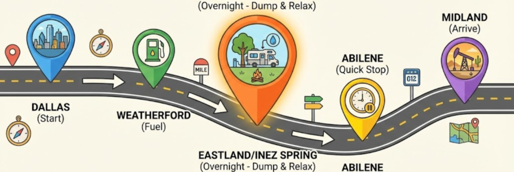"Smart I-20 Texas RV route plan: Dallas to Midland with overnight dump stop at Inez Spring Eastland"