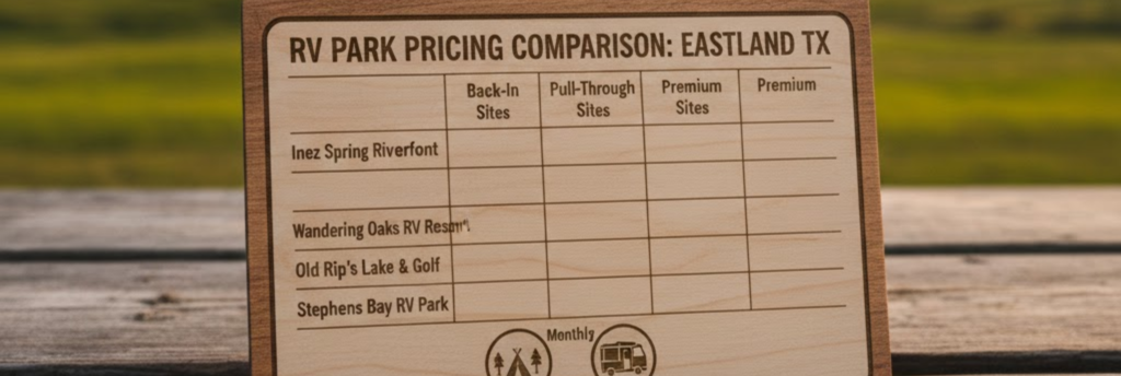 RV park pricing comparison chart for Eastland TX showing rates from $43.50 to $48.50 per night