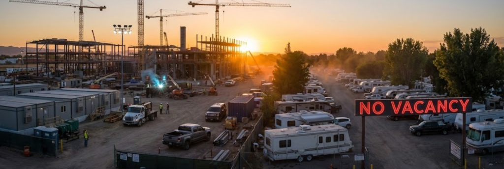 "Contrast of a busy data center construction site and a 'No Vacancy' sign at an RV park, showing high demand near Abilene."