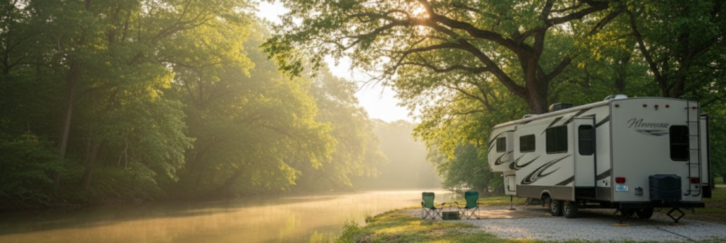 "Peaceful riverside RV site with full hookups at Inez Spring Riverfront RV Park, an alternative near Abilene TX."