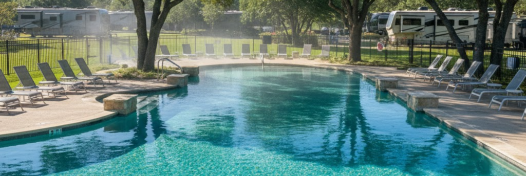 "The large spring-fed pool at Inez Spring, a premium amenity for RV parks near Abilene Texas."