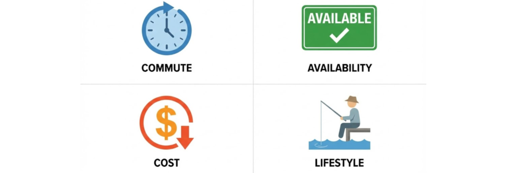 "Icons representing the four key decision factors: commute time, availability, cost, and quality of life for choosing an RV park."