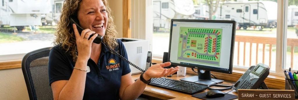 "RV park staff assisting a caller, highlighting the importance of asking the right questions when booking near Abilene."
