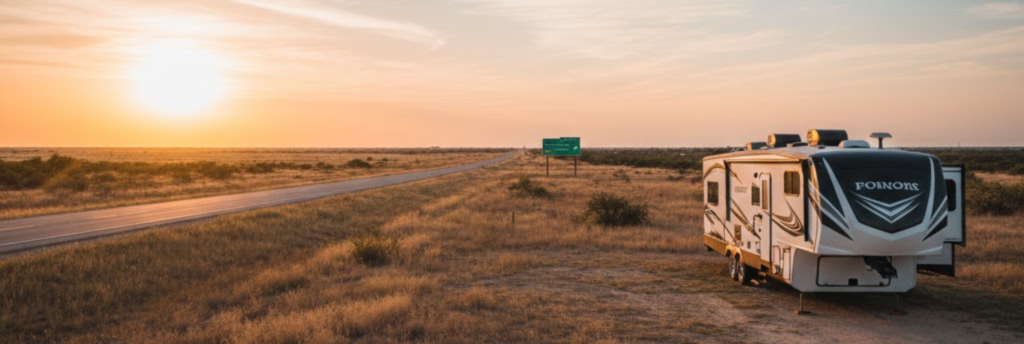 RV parked on the Texas plains near Abilene under a vast sky, representing the search for RV parks near Abilene TX
