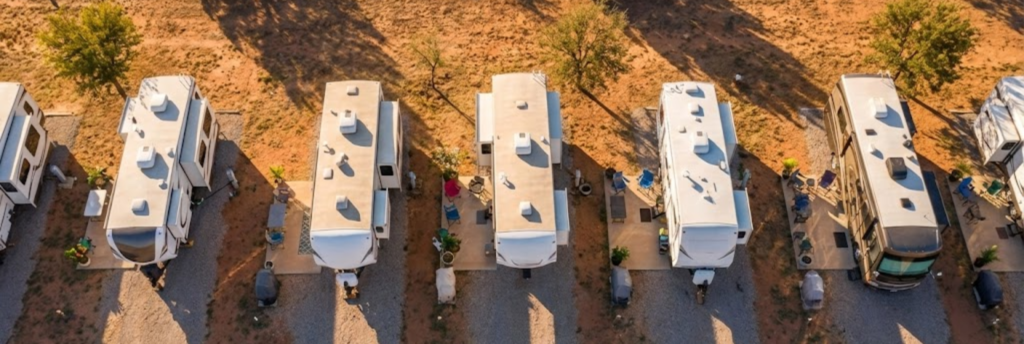 "Aerial view of a long-term RV park near Abilene TX, showing established sites for extended stays."