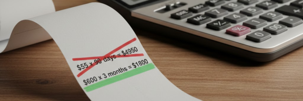 "Calculator showing cost savings of monthly RV rates versus nightly rates for a three-month stay."