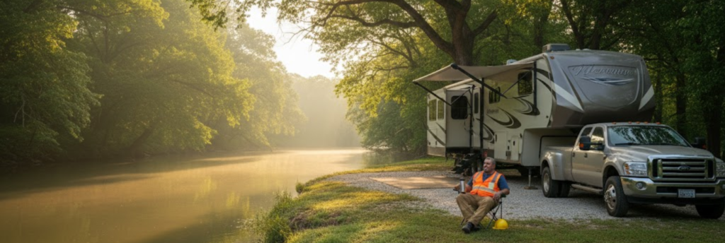 "A construction worker relaxing at their long-term riverside RV site at Inez Spring near Abilene."