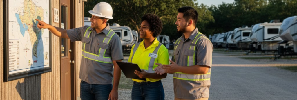 "RV workers discussing options and comparing notes outside a park office in Abilene."