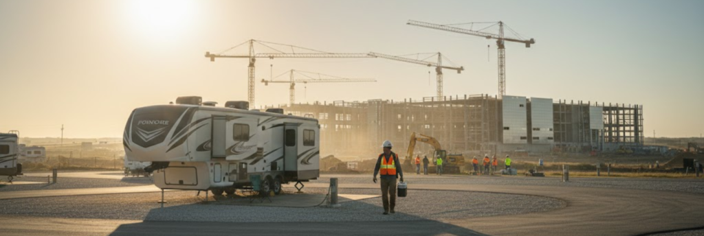 "Construction worker heading to the Stargate data center site at dawn, with their RV home in the foreground."