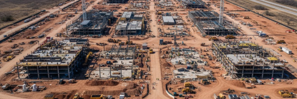 "Aerial view of the large-scale Stargate data center construction site near Abilene, Texas."