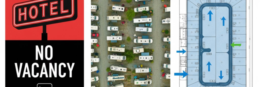 "Conceptual graphic showing the tight housing market for Stargate workers: full hotels, crowded RV parks, and future solutions."