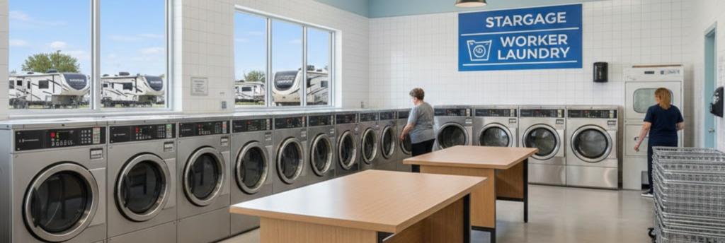 "The laundry facility at an RV park, an essential amenity for Stargate workers on extended projects."
