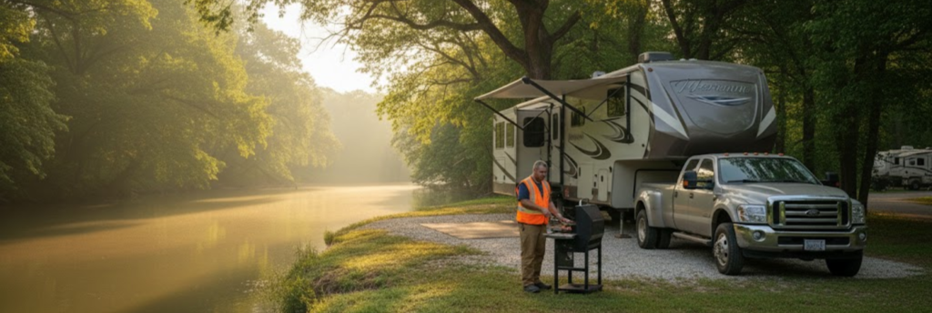 "A Stargate construction worker grilling dinner at their peaceful, long-term RV site at Inez Spring."