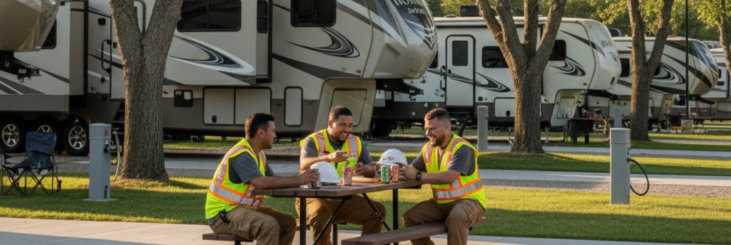"Stargate workers building community at their RV park after a long shift on the data center project."