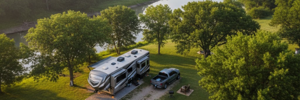 "The Leon River winds through the peaceful landscape of Eastland County, Texas, home to RV parks with river access."
