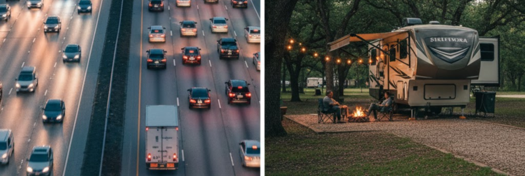 "Contrasting images showing the busy I-20 corridor and a tranquil, shaded RV site in Eastland TX."