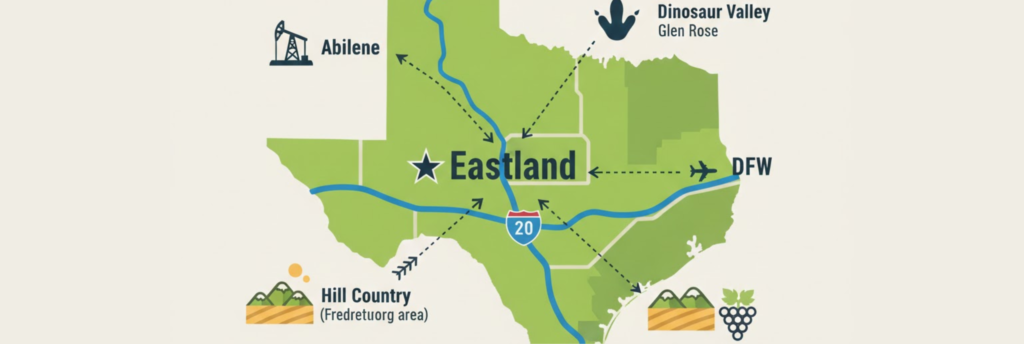 "Illustrated map showing Eastland, TX as a central hub for exploring Abilene, Dinosaur Valley, and the Hill Country."