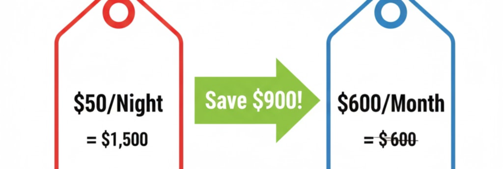 Infographic demonstrating the significant cost savings of choosing a monthly RV rate over a nightly rate in Texas.