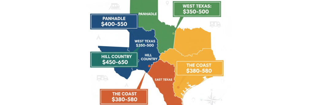 Color-coded map of Texas showing average monthly RV park rates by region, from the affordable Panhandle to premium coastal areas.