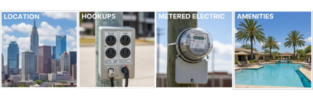 Collage of factors affecting monthly RV park rates in Texas: location, hookups, metered electric, and amenities.