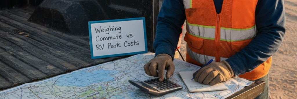 A worker calculating the total cost of a monthly RV site, factoring in both the rental rate and the commute to their job.