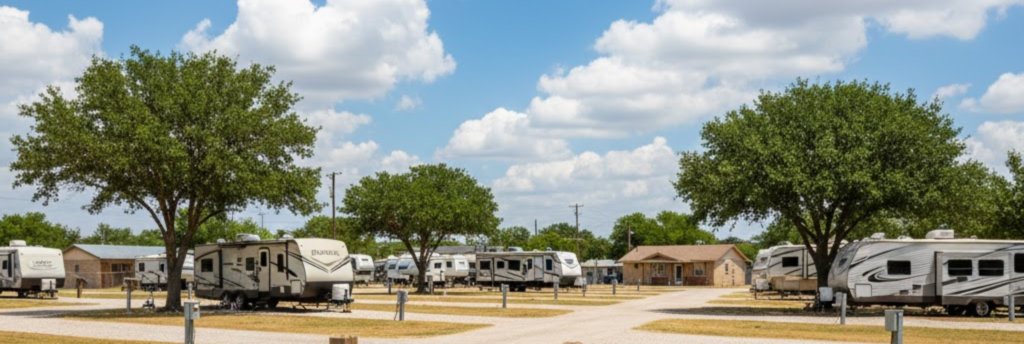 A well-maintained, affordable RV park in a small Texas town with clear monthly rate signage.