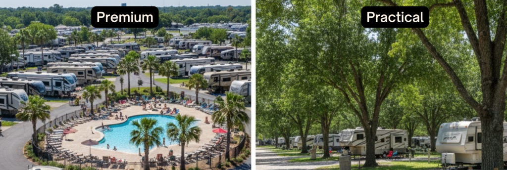 Comparison between a crowded resort RV park and a peaceful, basic park, highlighting the budget-friendly option.