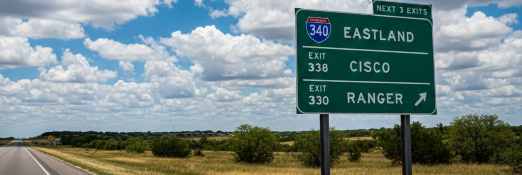 Interstate 20 road sign pointing to exits for affordable towns like Eastland and Cisco, Texas."