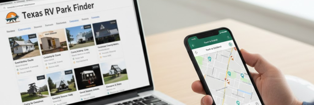 Someone researching affordable RV parks online using multiple tools: directory websites, maps, and a call list.