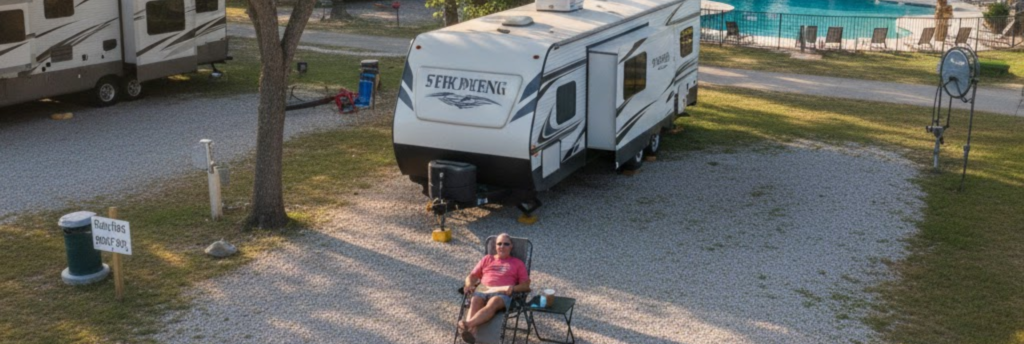 An RVer enjoying a comfortable, affordable long-term site at Inez Spring Riverfront RV Park in Eastland, Texas.