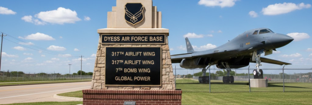 The entrance to Dyess Air Force Base in Abilene, TX, home to the B-1B Lancer and a key location for military families seeking RV parks.